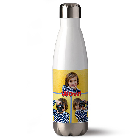 Bottle showing a picture of a kid with different poses.